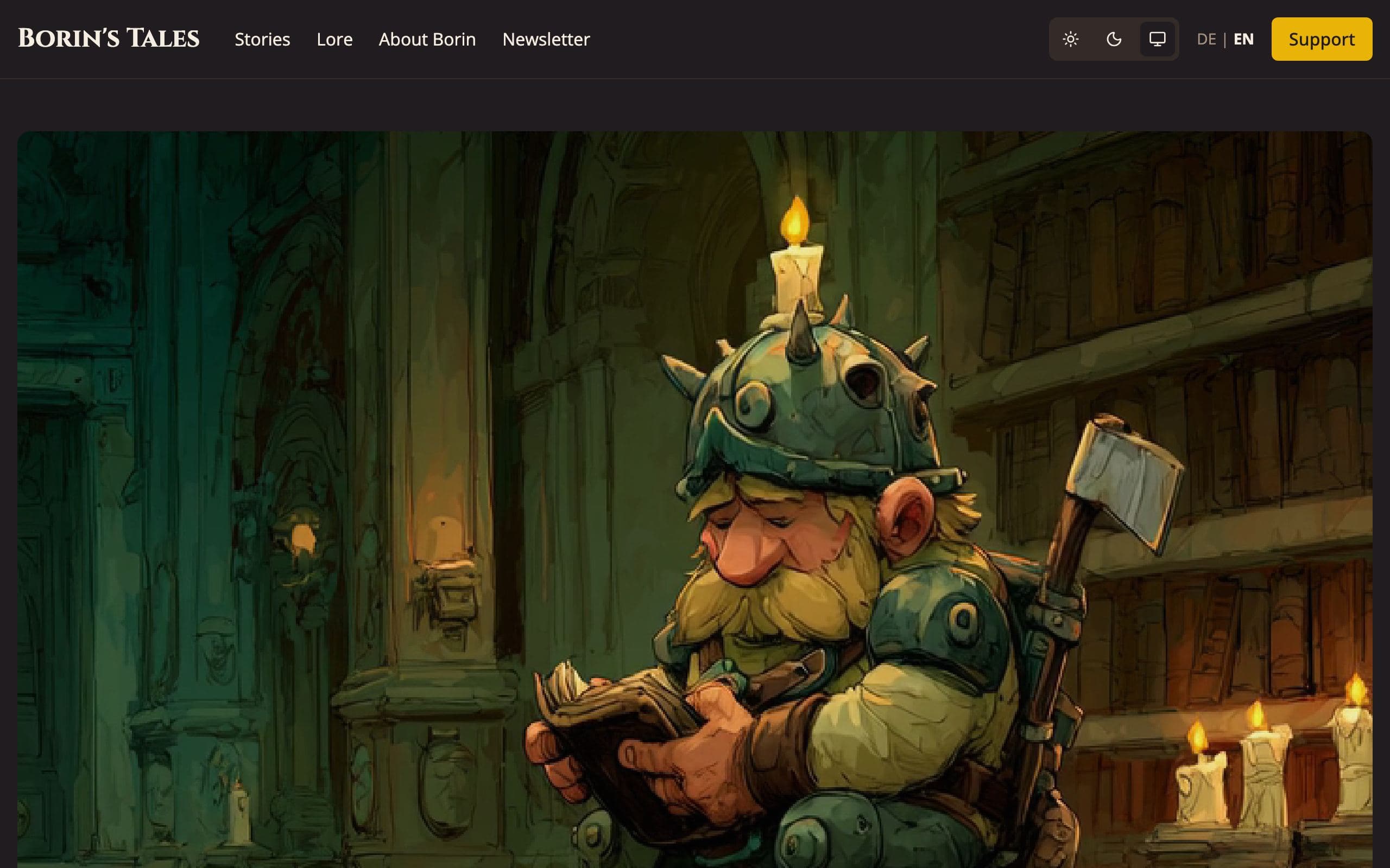 The Borin's Tales home page, an illustration of a dwarf reading in a hall of books under the name.