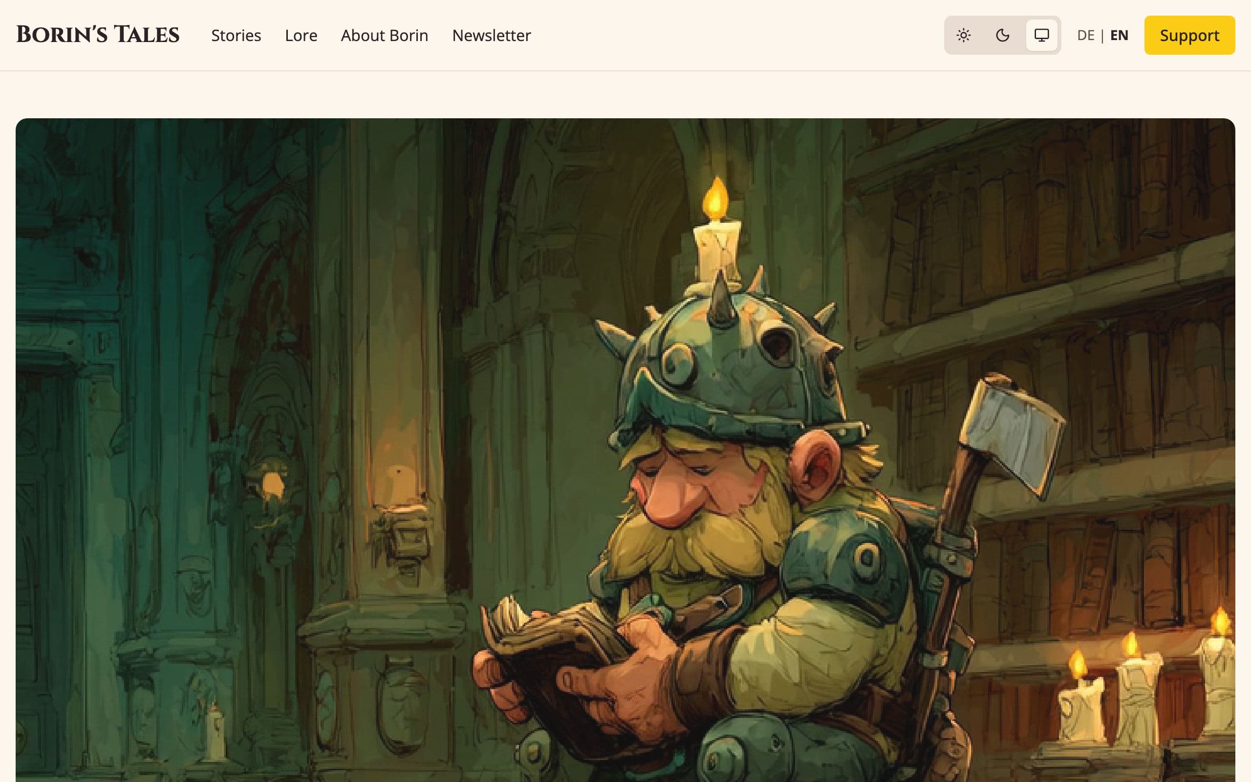 The Borin's Tales home page, an illustration of a dwarf reading in a hall of books under the name.