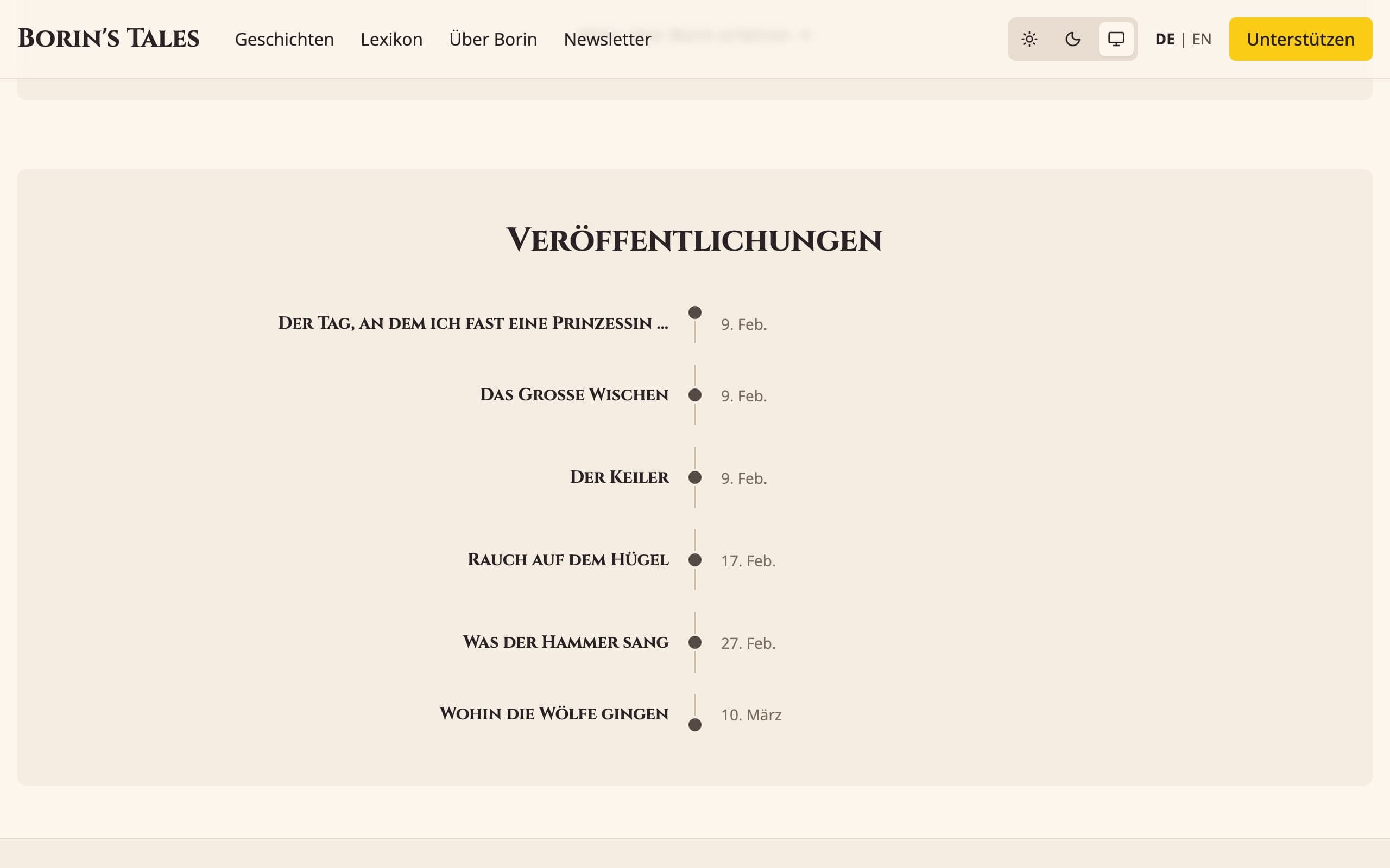 Die Veröffentlichungsleiste, jede Geschichte auf einer Linie mit ihrem Datum, die letzte noch vor uns.