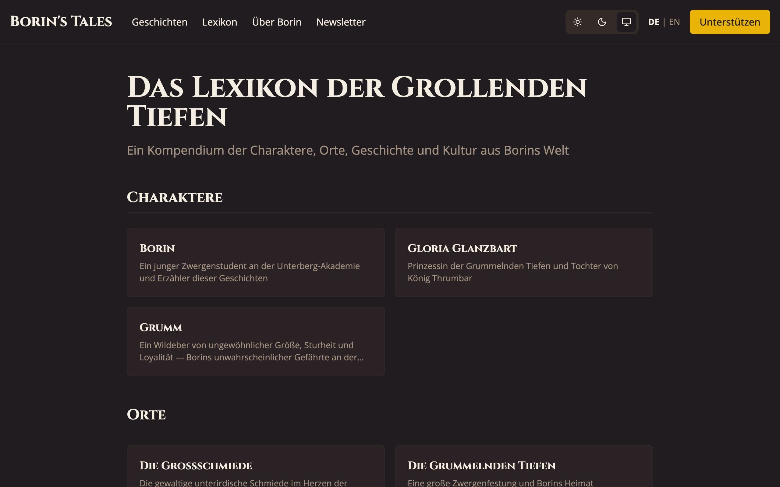 Die Lore-Enzyklopädie, die Einträge nach Figuren und Orten gruppiert, jeder mit einer Zeile.