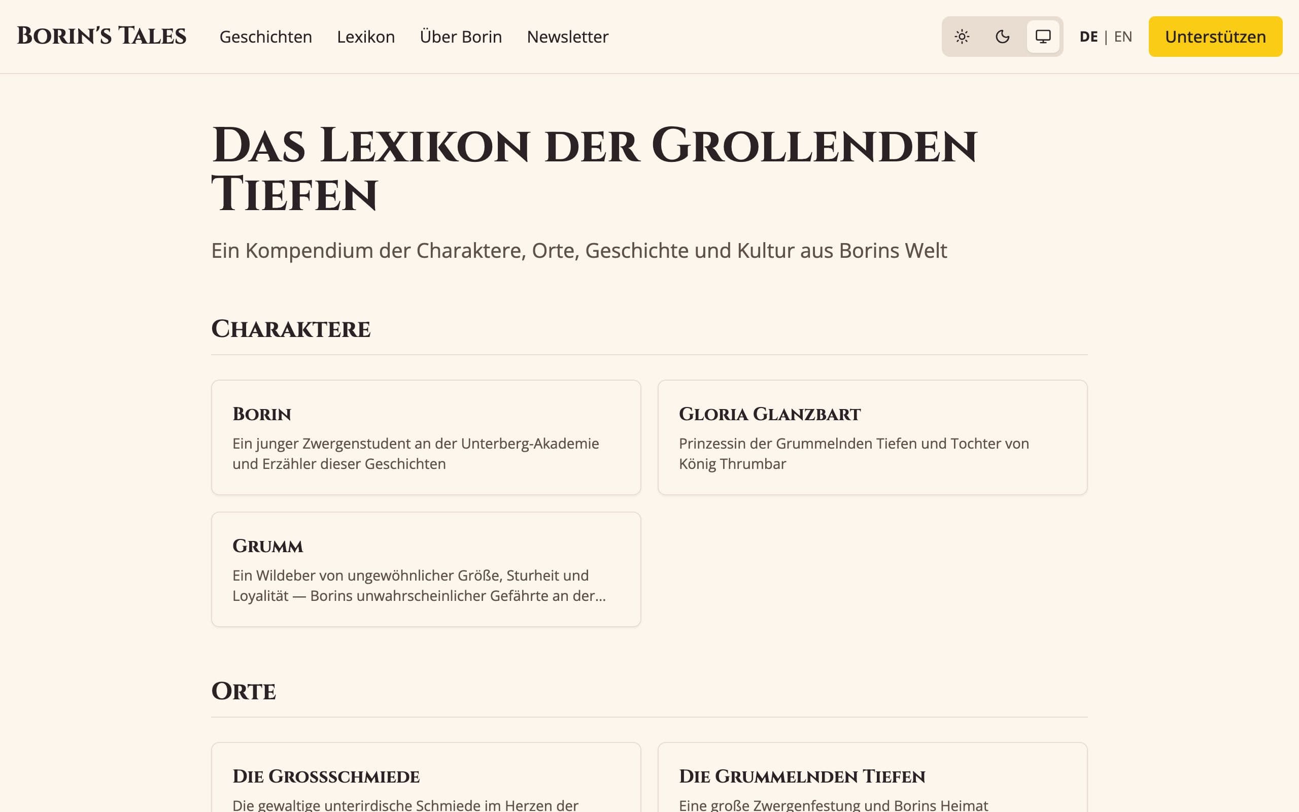 Die Lore-Enzyklopädie, die Einträge nach Figuren und Orten gruppiert, jeder mit einer Zeile.