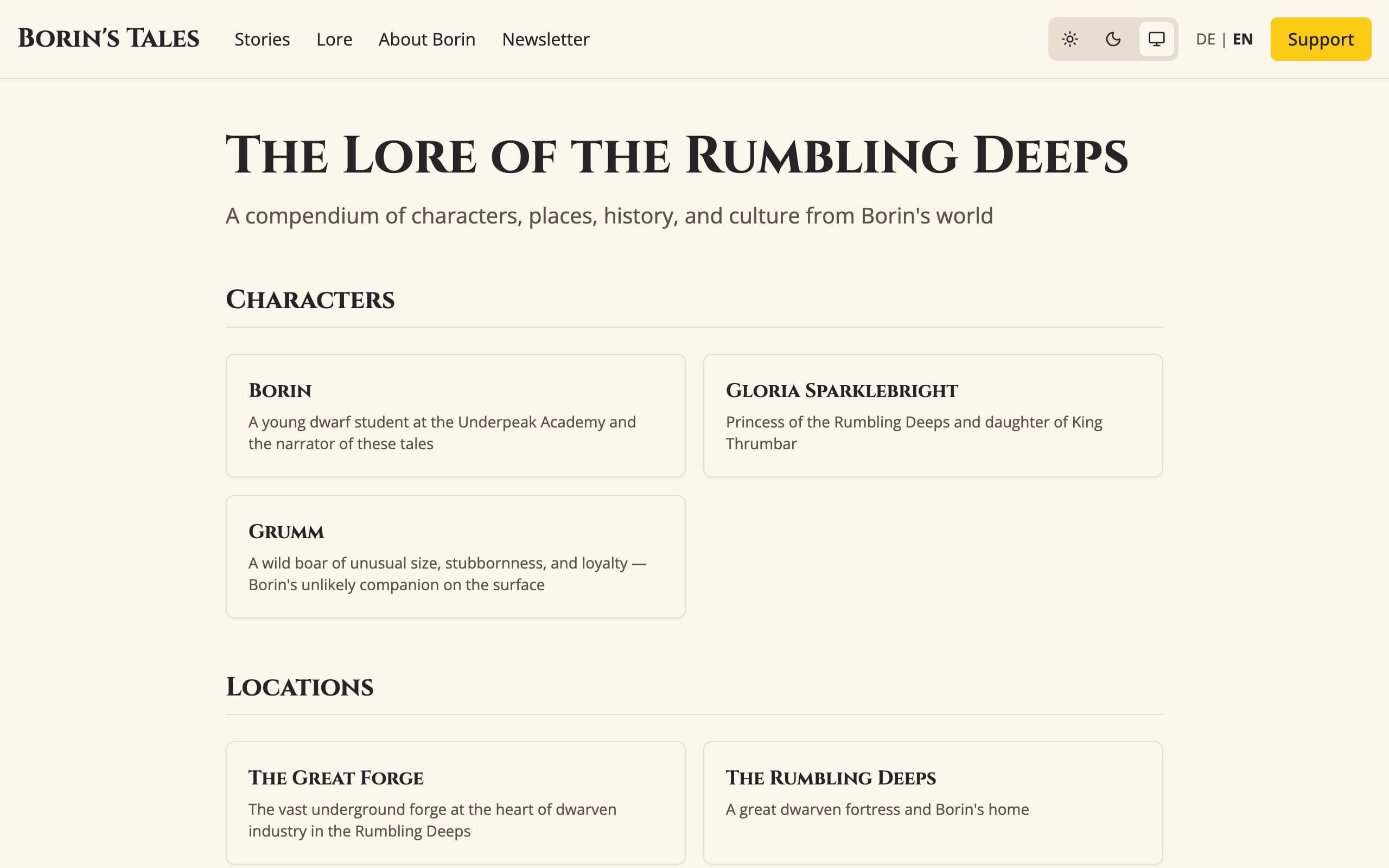 The lore encyclopedia, its entries grouped into characters and locations, each with one line.