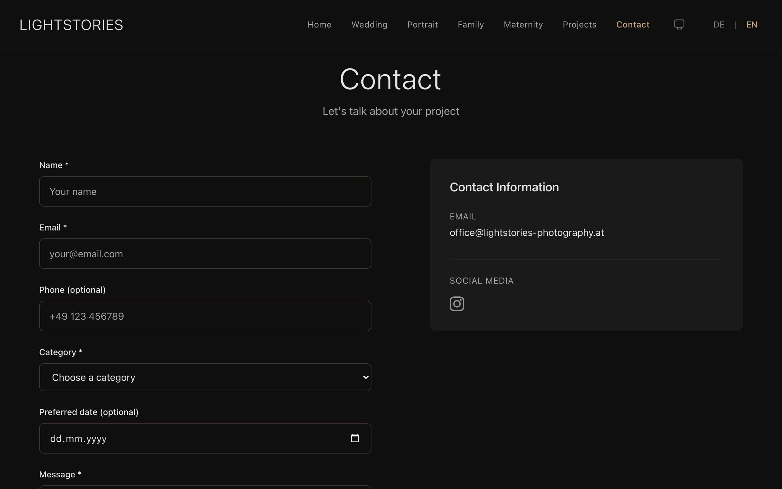 The inquiry form, with fields for the kind of shoot and a date.