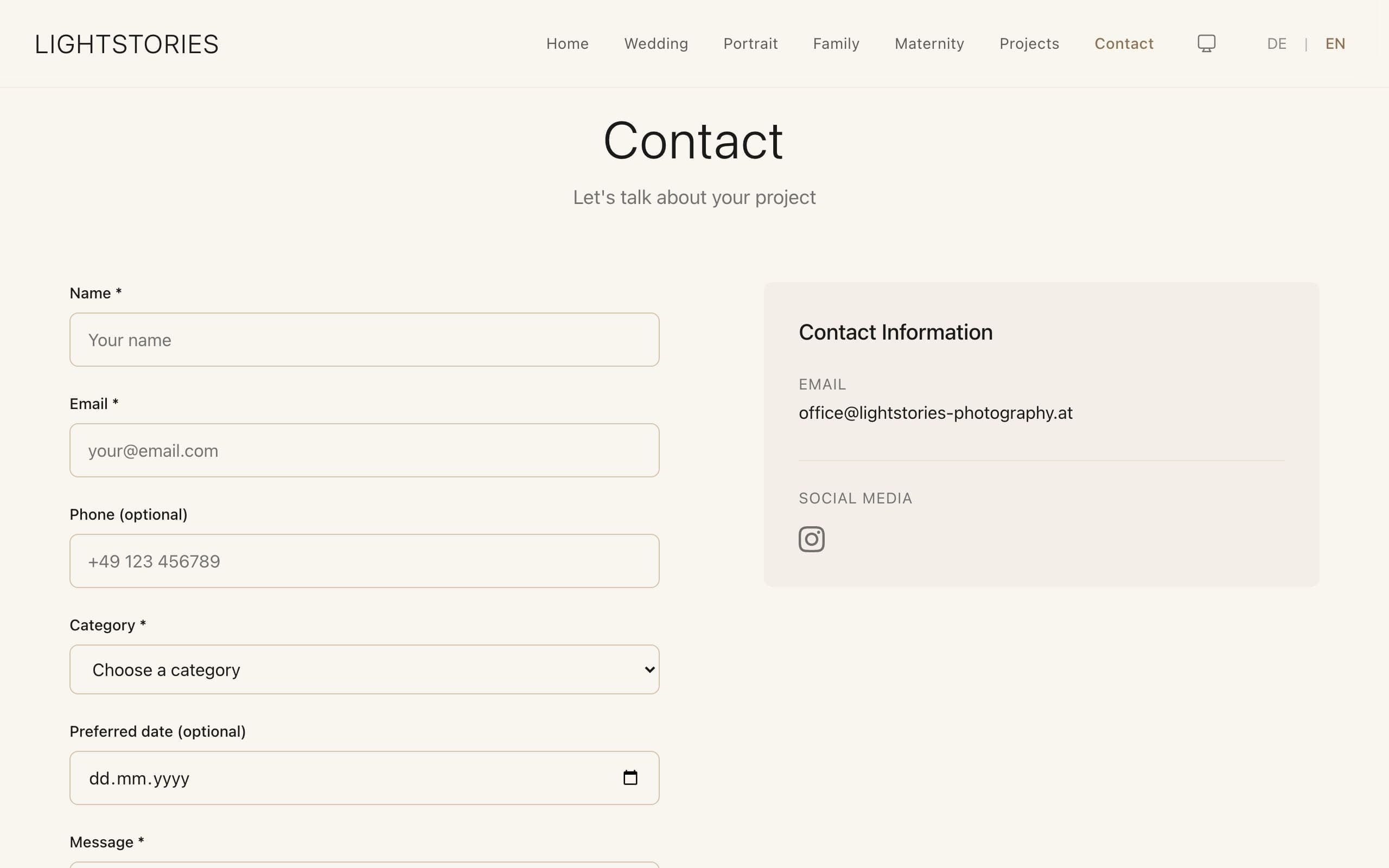 The inquiry form, with fields for the kind of shoot and a date.