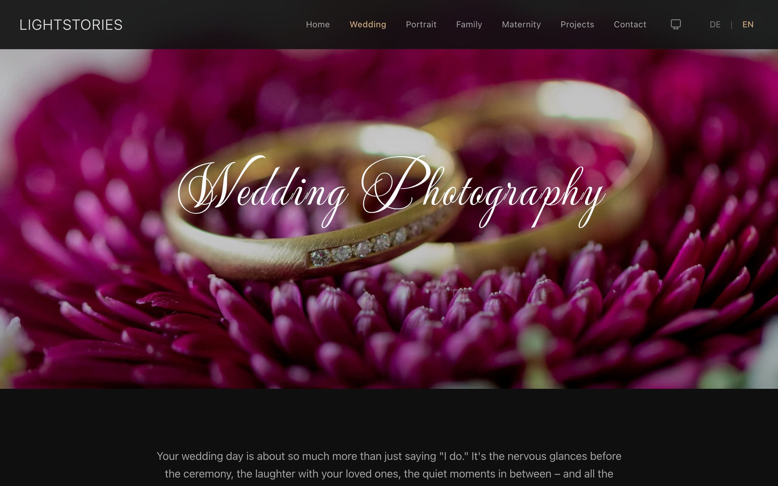 The wedding page, its title over a photograph of the rings.