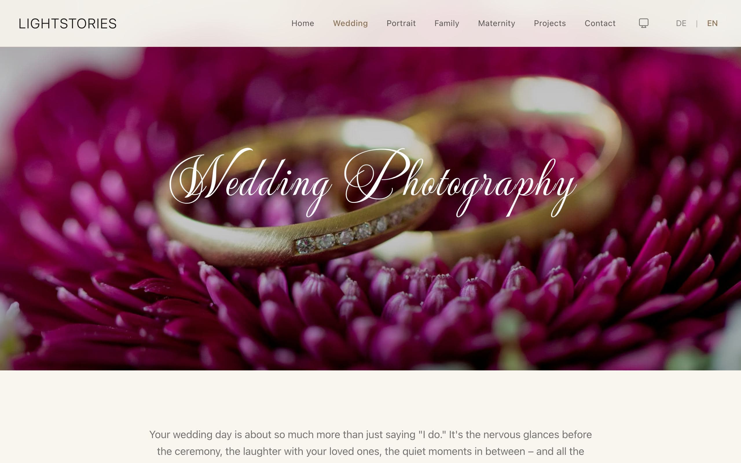 The wedding page, its title over a photograph of the rings.