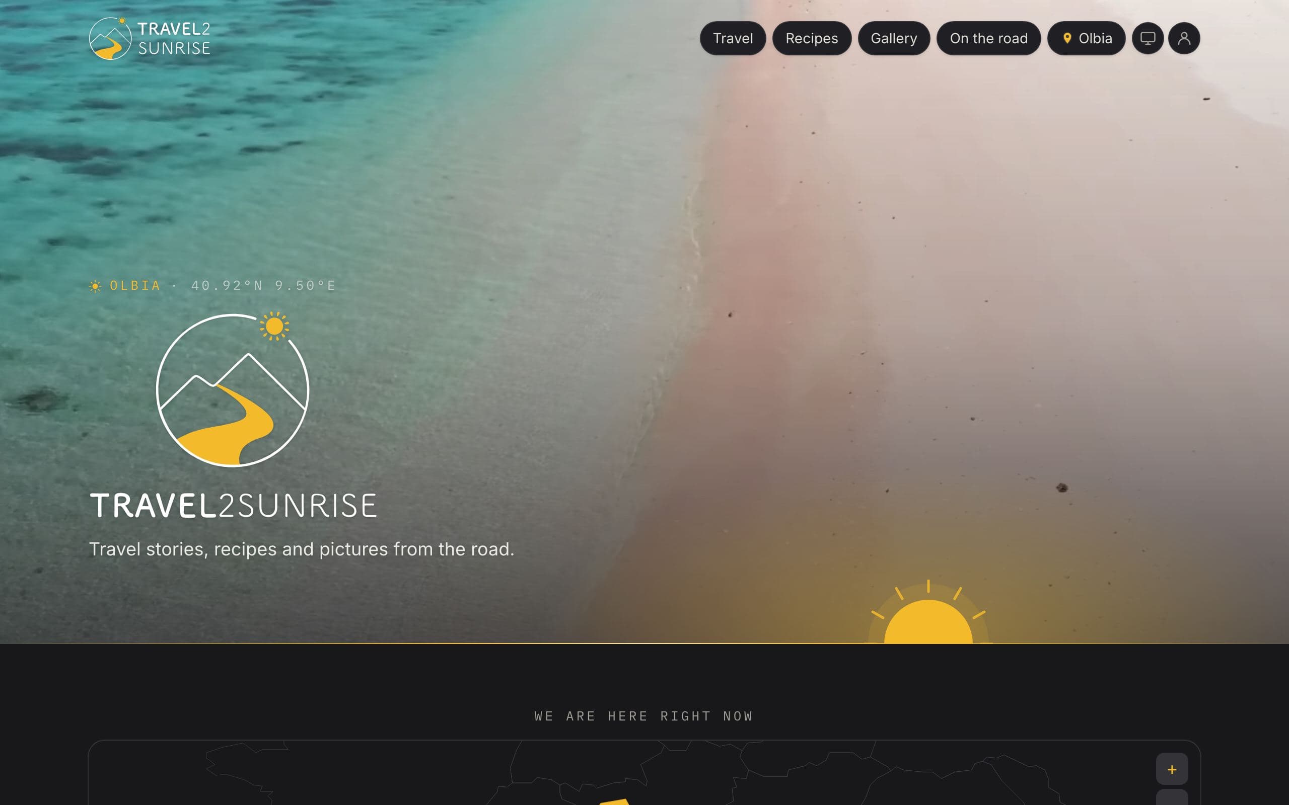 The travel2sunrise home page, a video of a coastline behind the name and the current stop.