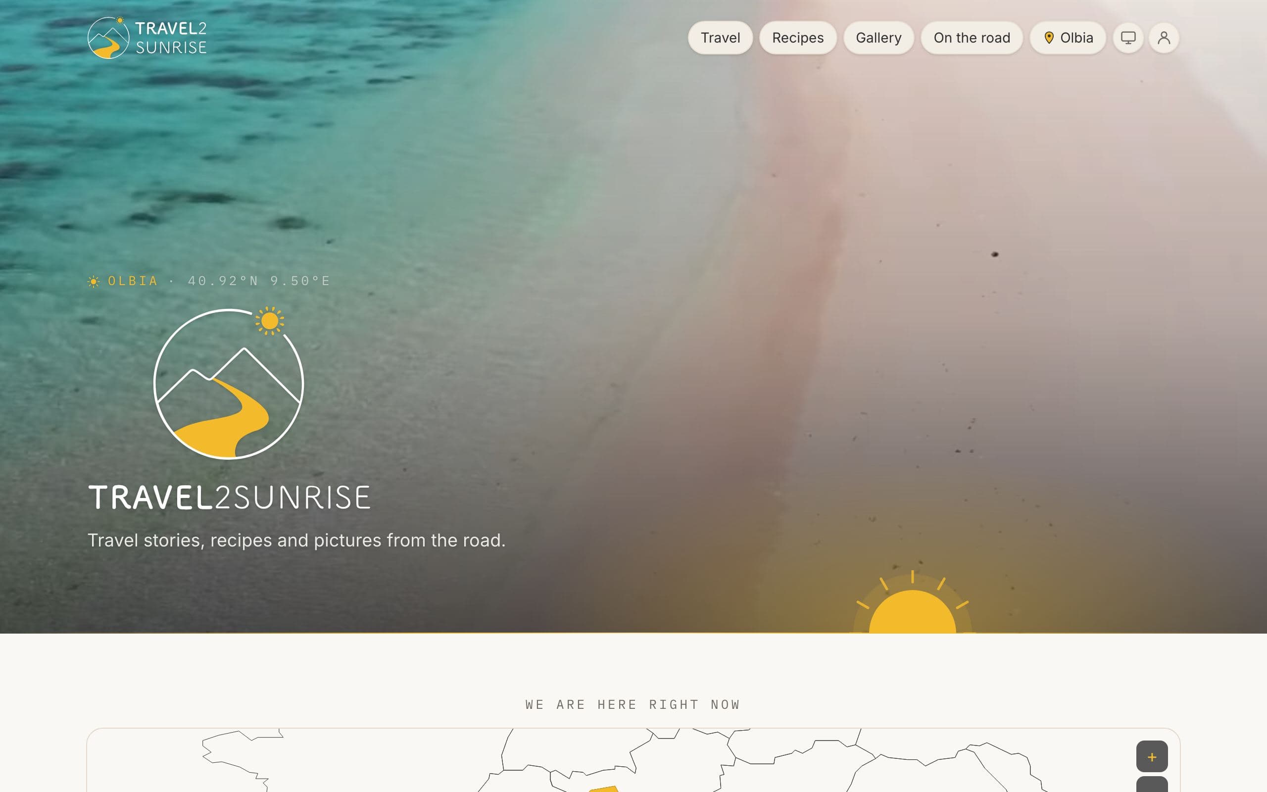 The travel2sunrise home page, a video of a coastline behind the name and the current stop.