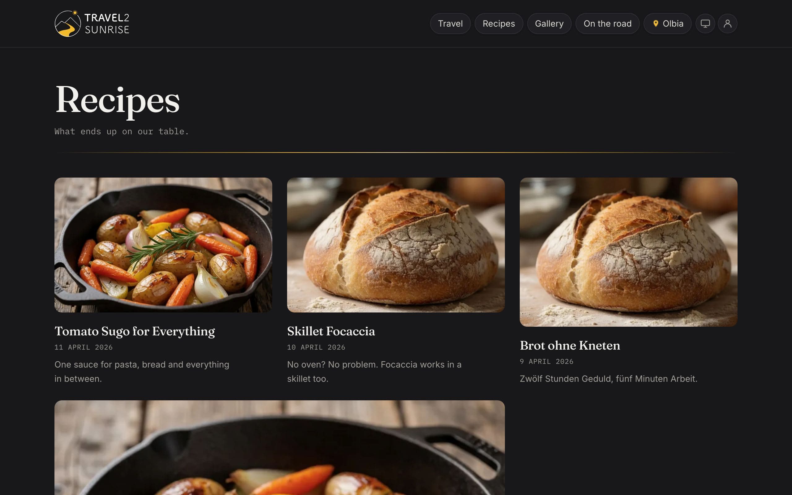 The recipes section, each recipe a photograph with a title, a date and one line.