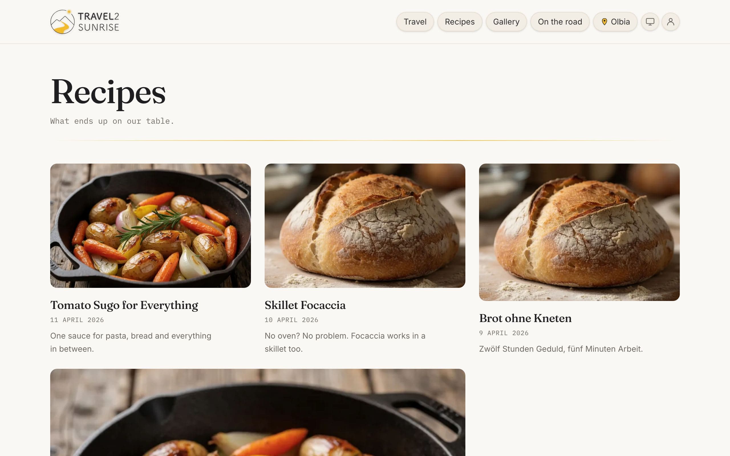 The recipes section, each recipe a photograph with a title, a date and one line.